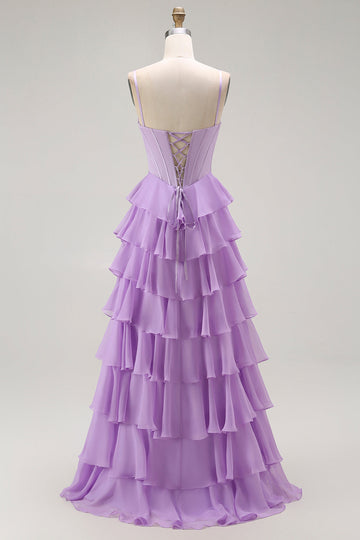 Purple A-Line Beaded Corset Tiered Ruffle Long Prom Dress with Lace Up Back